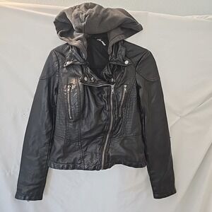 Free‎ People Soft Leather Jacket Moto Bomber Detachable Hood Black Size 4